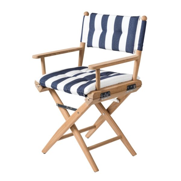 Solid Teak Directors Chair Un Oiled Navy White Cushion