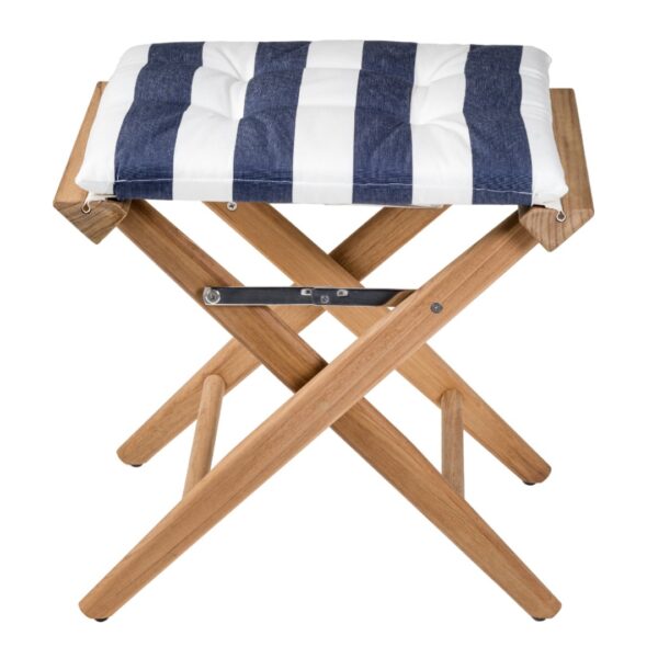 Solid Teak Directors Stool Un Oiled Navy White Cushion