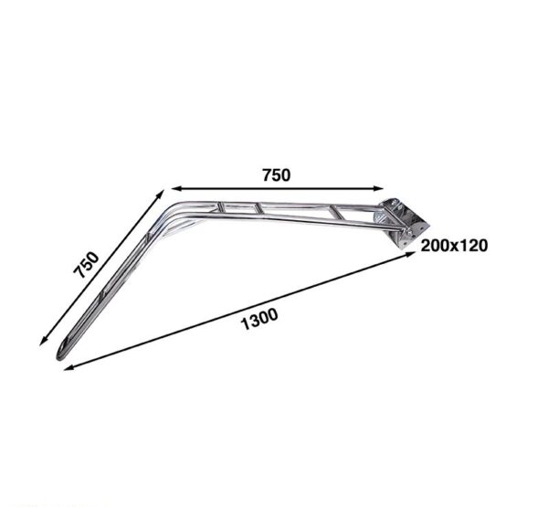 The measurements shown around an image of a stainless steel davit arm.