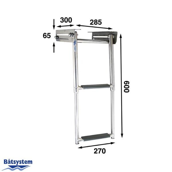 A 2 step telescopic boat ladder with measurements shown.