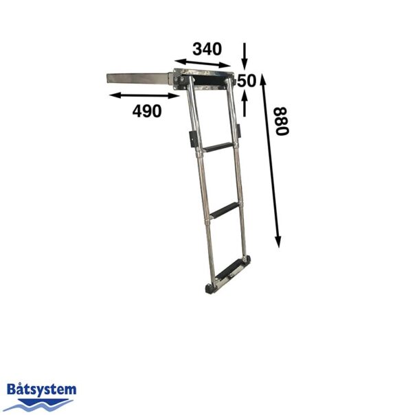 A telescopic boat ladder on top of a white background with measurements around it.