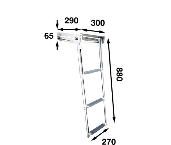 A stainless steel ladder for a boat with measurements shown.