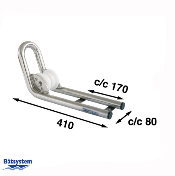 A stainless steel anchor holder with measurements shown on each site with arrows.