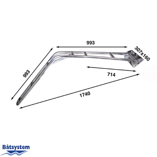 A stainless steel boat attachment with the dimensions outlined.