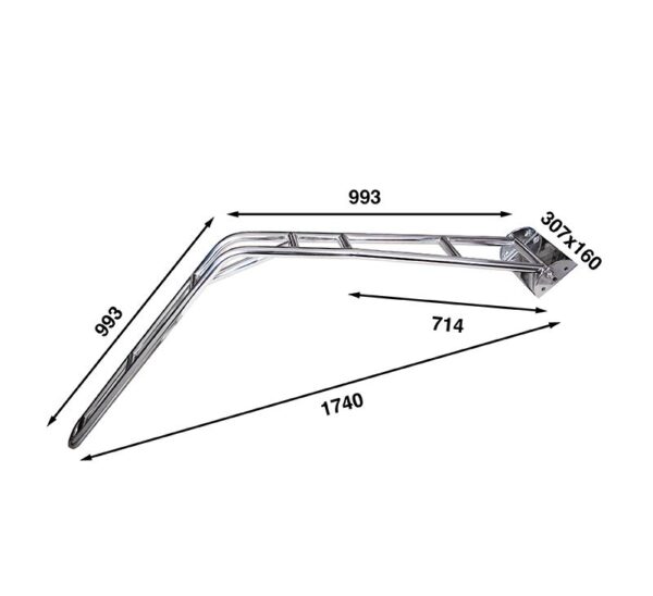 A stainless steel davit arm on a white background with measurements shown around the item.