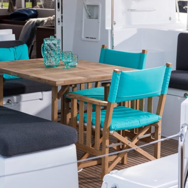 solid teak directors chair with aqua cushion