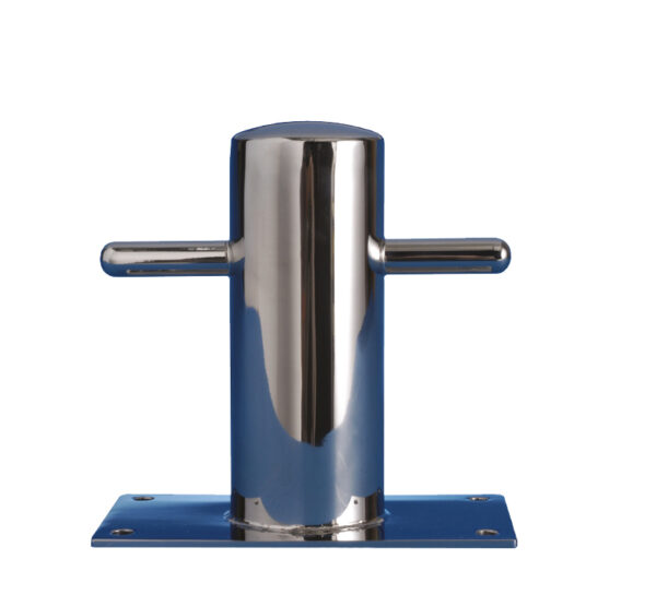 A stainless steel boat bollard on a white background.